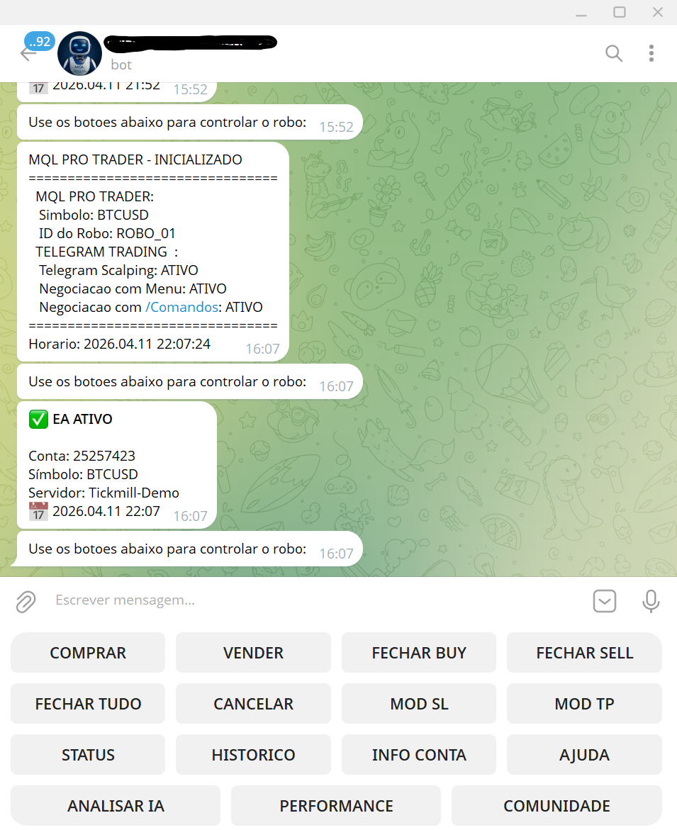 Boleta e Controle por Telegram do Robô MQL PRO TRADER no MT5